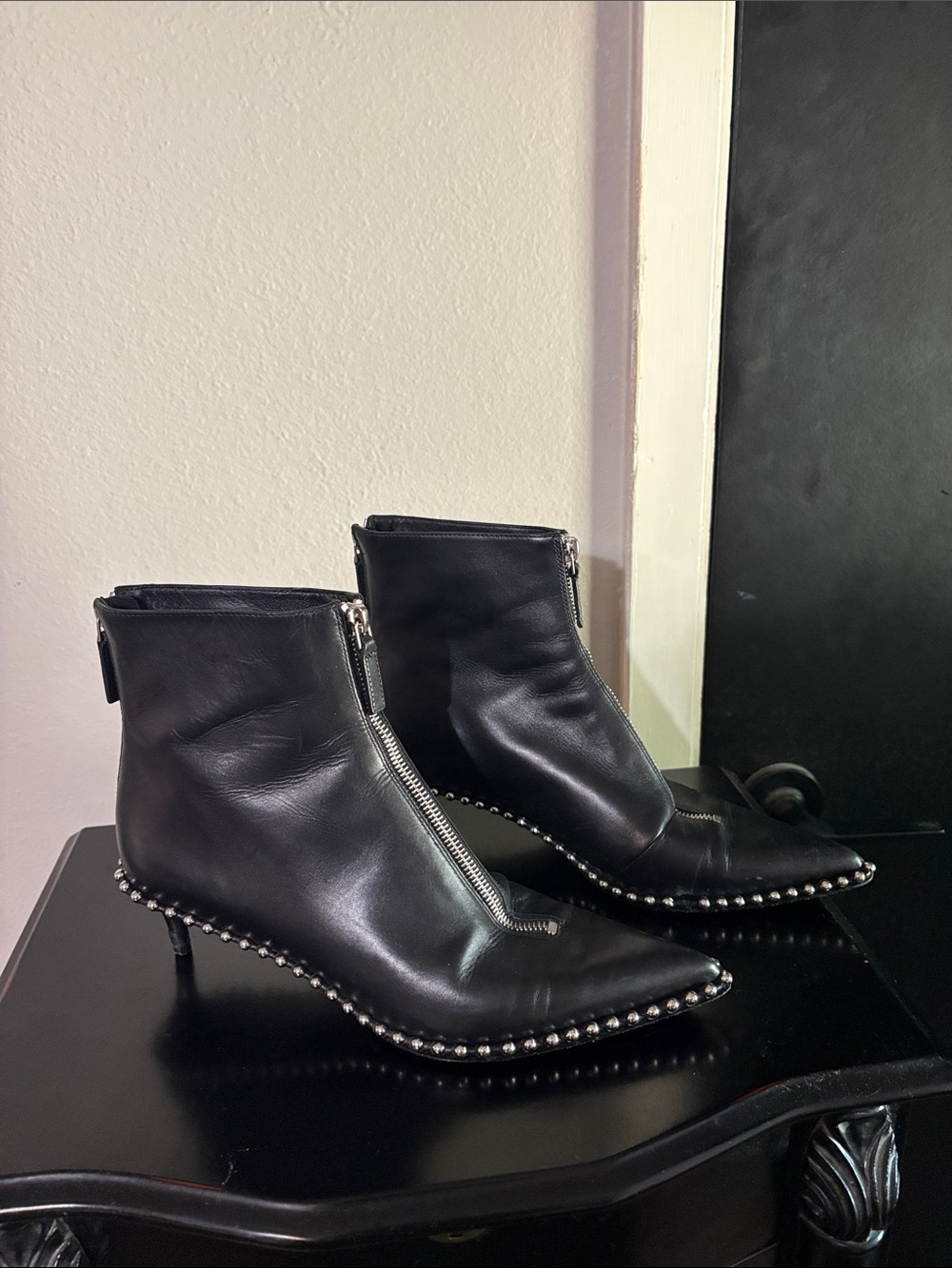 Alexander McQueen Black Studded Pointed-Toe Ankle Boots - Women